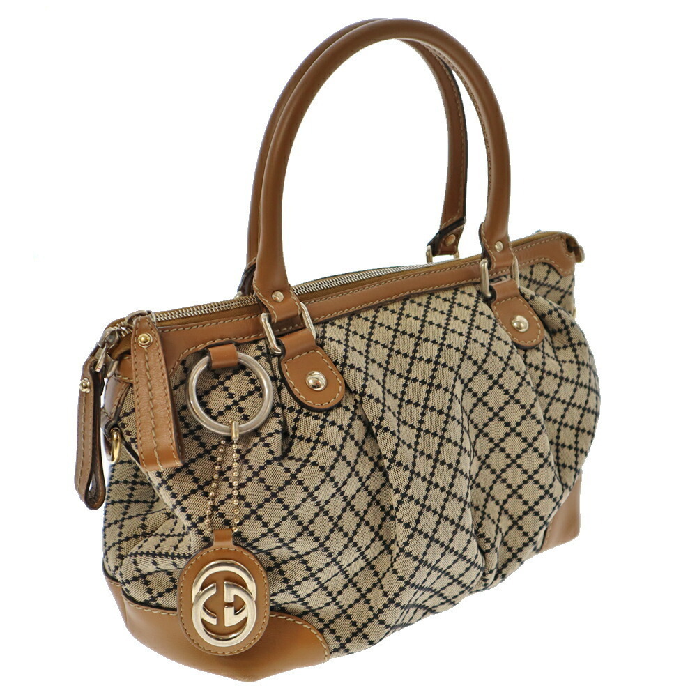 GUCCI Tote Bag Handbag Shoulder Crossbody Diamante Leather Canvas Beige